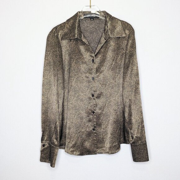 Vintage Black Gold Tiny Polka Dot Pattern Satin Shirt Button Up Long Sleeve 12 - Picture 1 of 8